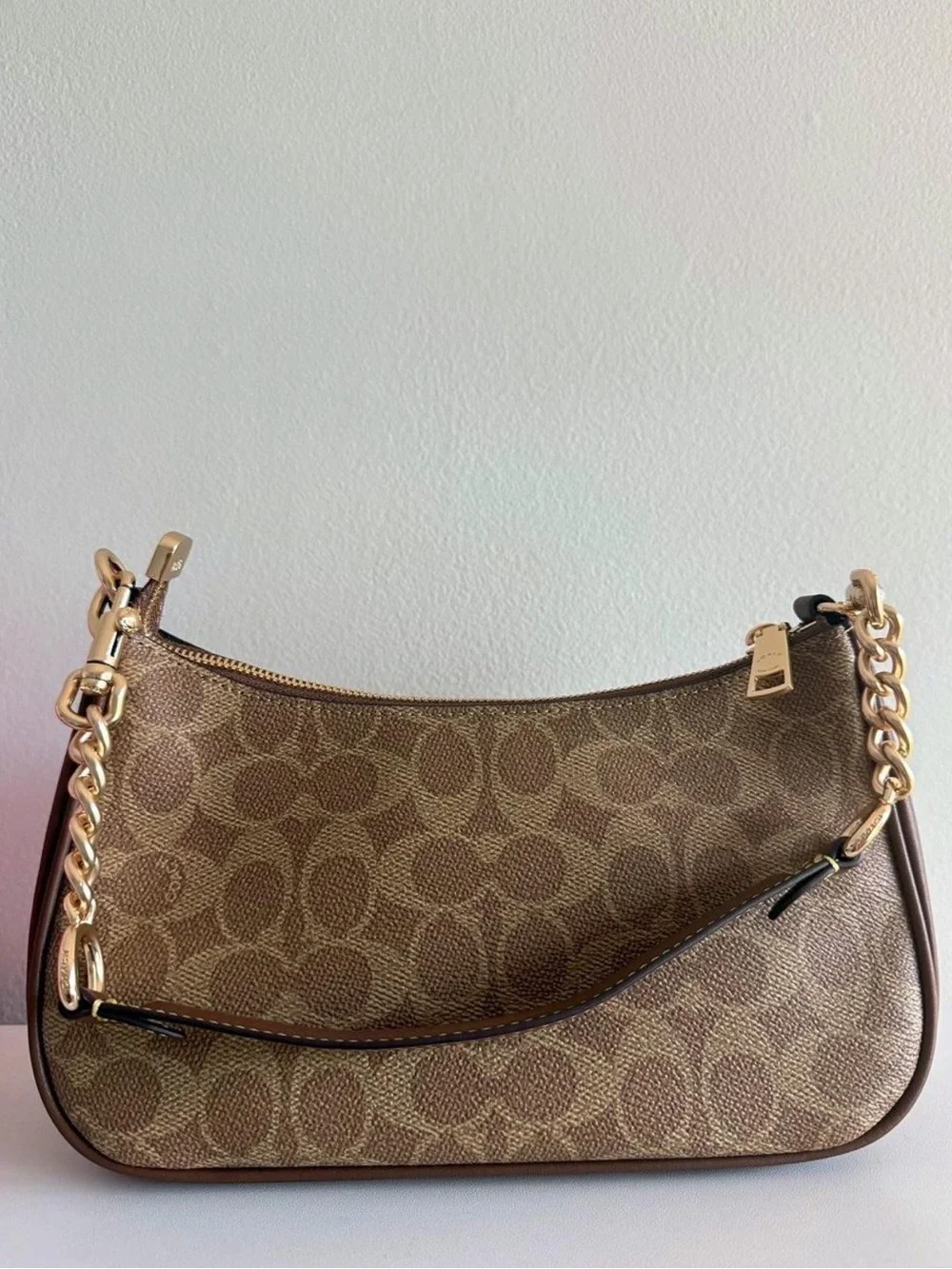 COACH Brown Signature Brown Teri Shoulder Bag with Gold Hardware